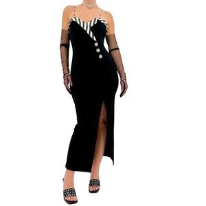 VTG! Betsy & Adam Black‎ Pinup Cocktail Dress Striped Satin Trim 80s Retro M USA